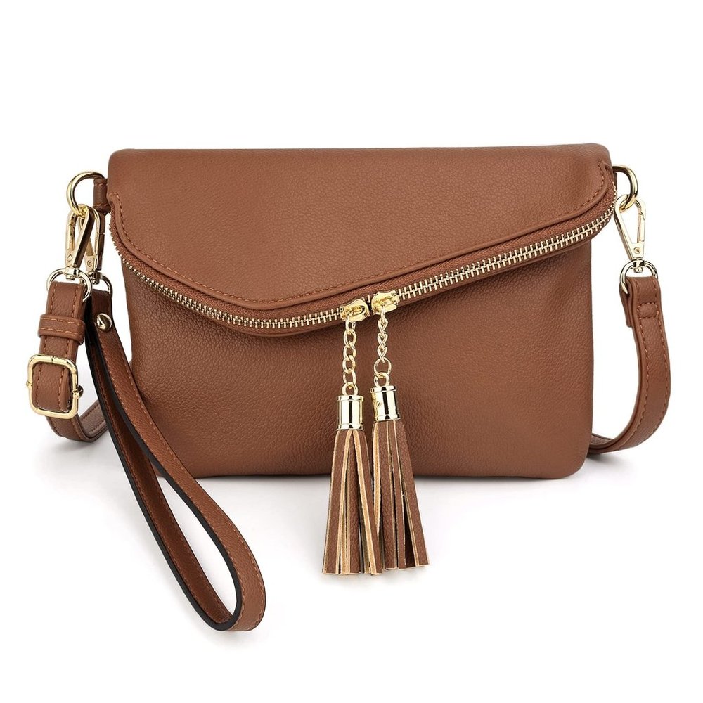 Purse Double Tassel Zippers Lightweight Flapover Handbag with Wristlet Strap CA